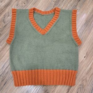 Handknit V-Neck Sweater Vest in Olive and Orange